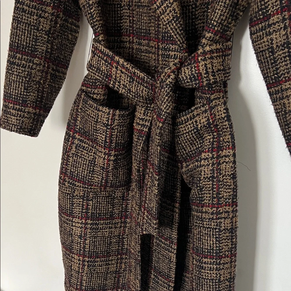 Express Tan Red Navy Tweed Plaid Coat - Picture 4 of 12